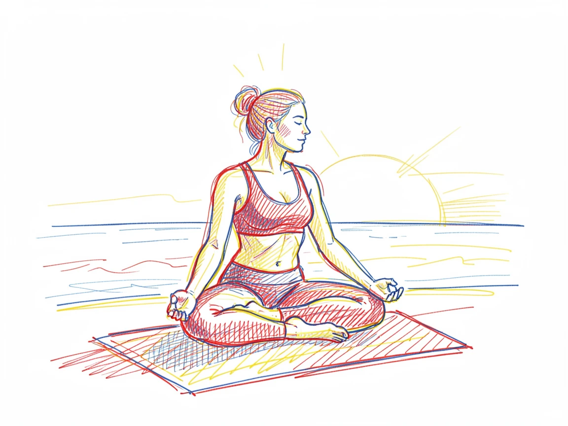 A woman practicing yoga on a quiet beach at sunrise