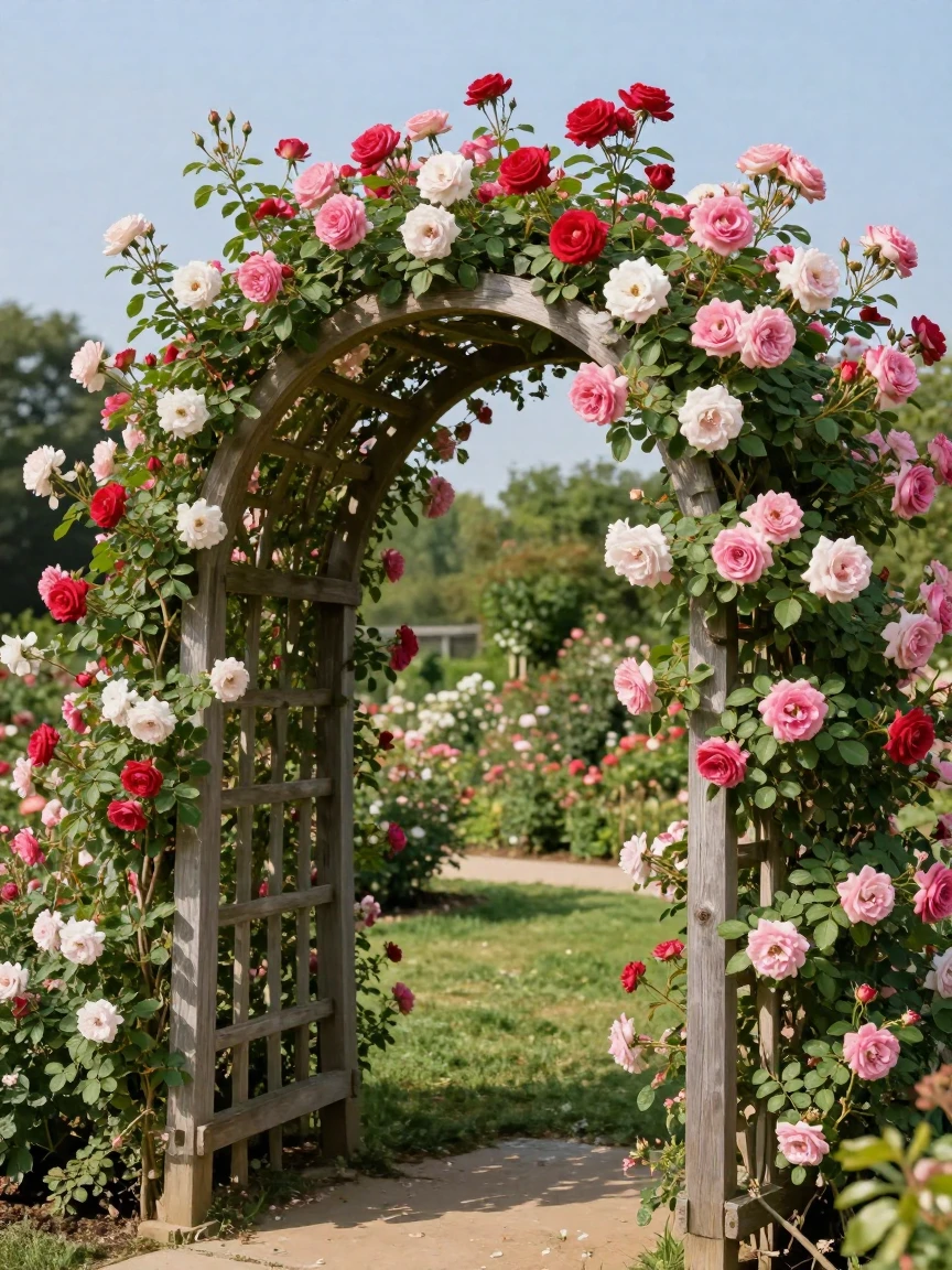 A rose garden trellis covered in climbing blooms