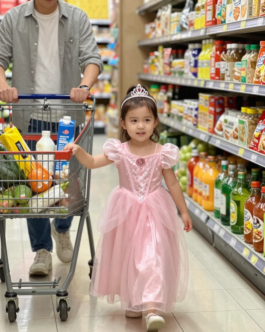 A little girl insists on wearing a princess dress to the grocery store.