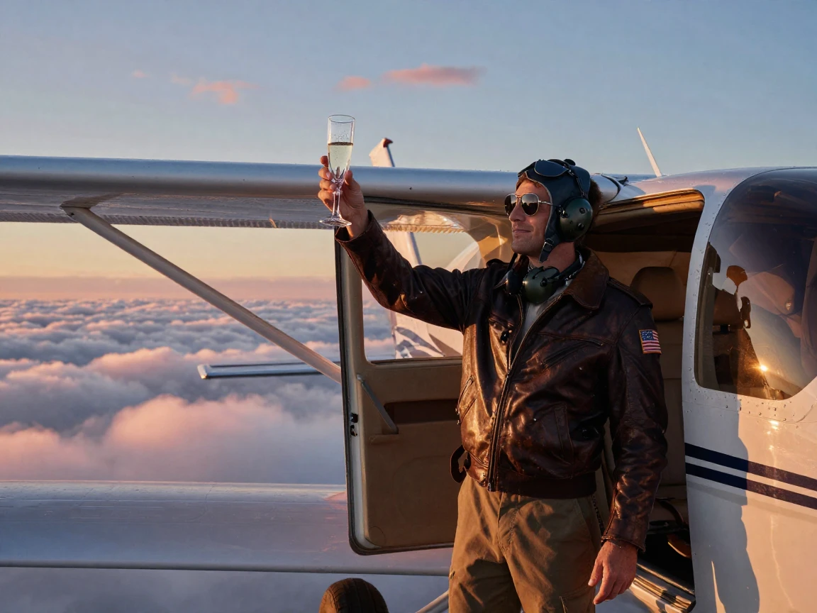 A private pilot toasting success after a long expedition above a sea of rolling clouds