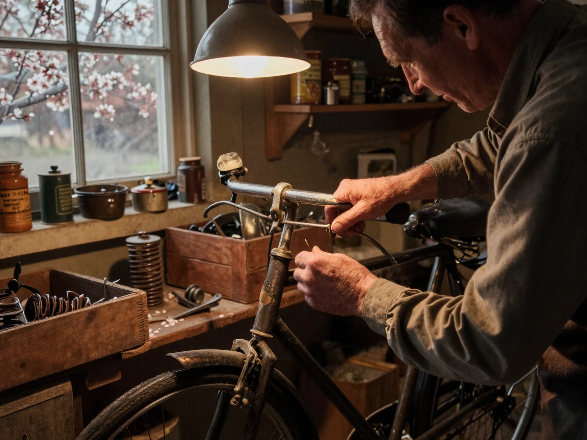 A man repairing an old bicycle in a cluttered garage, in low lamplight, in crisp, dry air, as spring blossoms unfurl, in earthy terracotta and ochre shades, in a tight close-up.