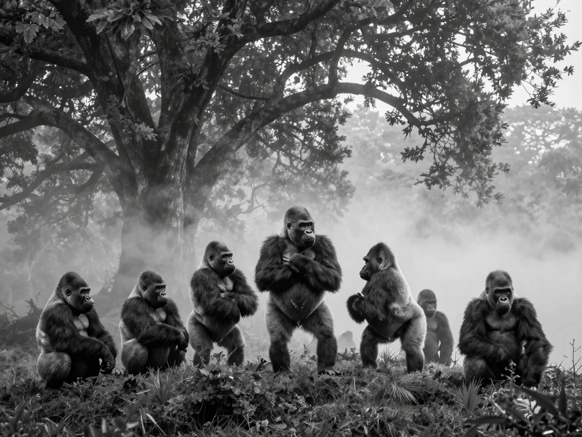 A troop of gorillas beats its chest atop a misty ridge beneath a canopy of ancient trees.