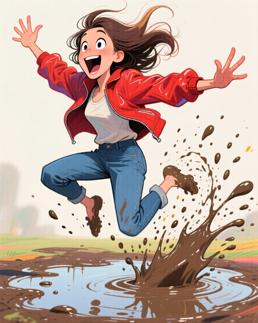 A woman caught mid-air jumping over a puddle, arms flailing for balance.