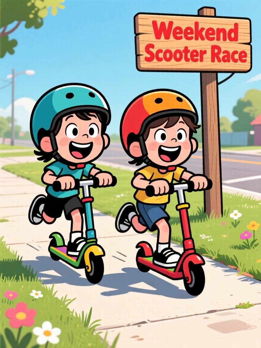 A playful childhood moment of twins racing each other on scooters down a sunny sidewalk, helmets slightly askew.