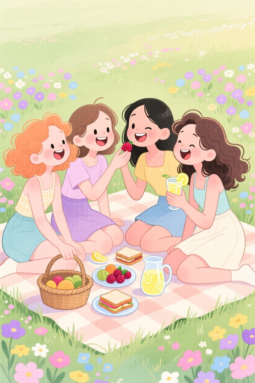 A close-knit group of girlfriends sharing a picnic in a flower-filled meadow