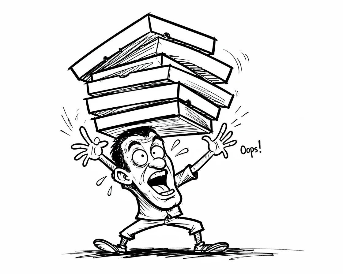 [Funny & Exaggerated Situations] Comical scene of a man struggling to carry way too many pizza boxes at once, exaggerated for maximum laughs