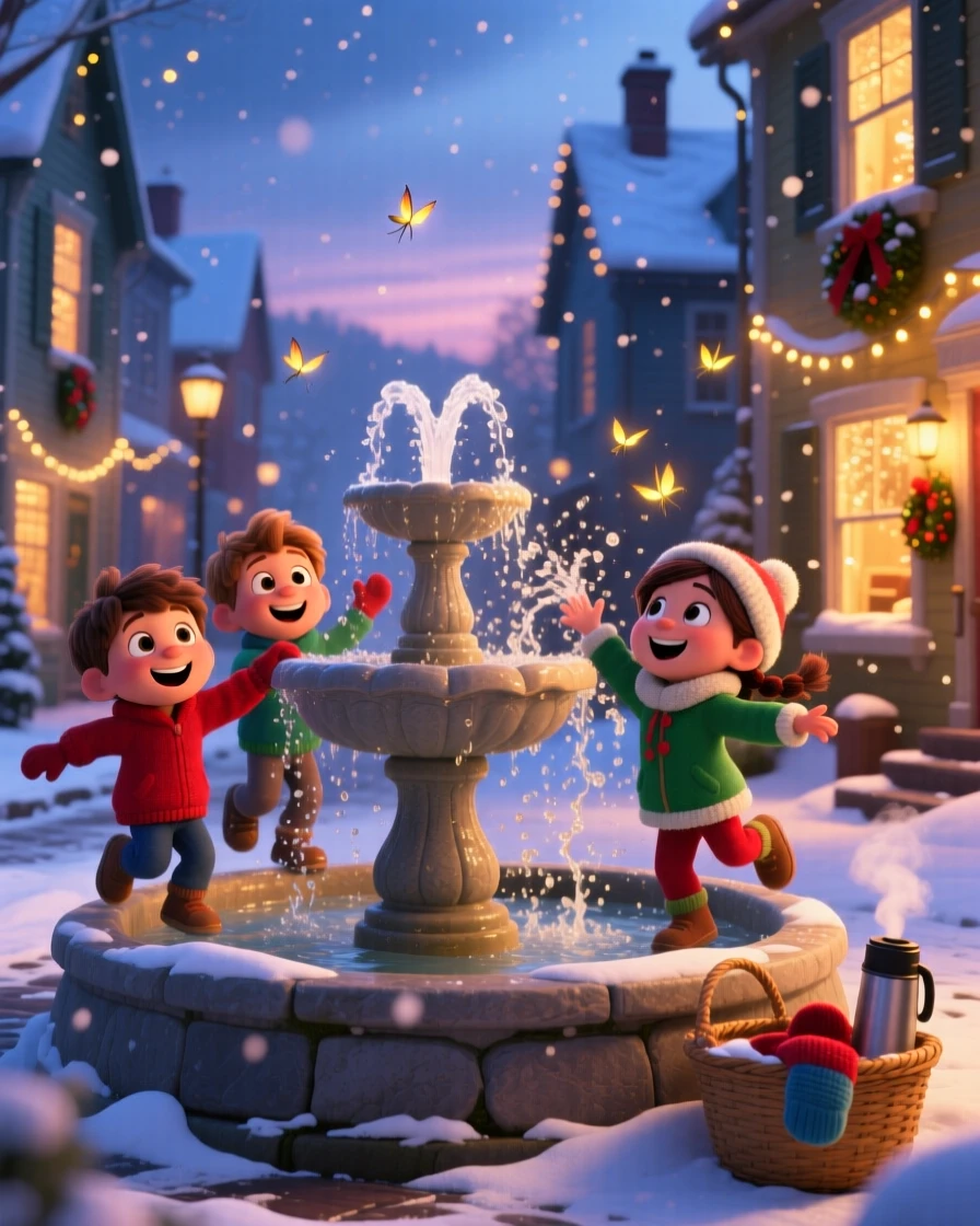 Children splashing in a fountain on a hot summer day happens on a snowy street lined with glowing windows, with fireflies flickering in the dusk. The atmosphere glows with tradition and family warmth.