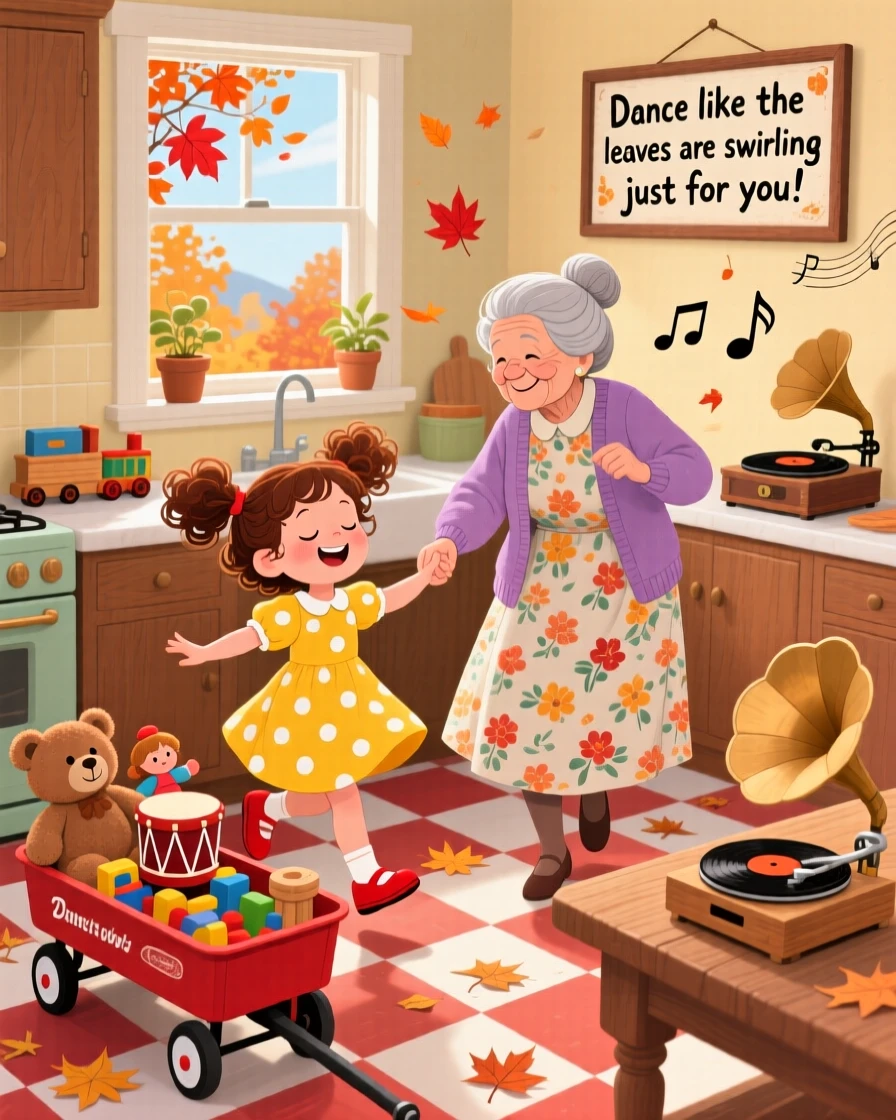 A girl with a wagon full of toys spends the afternoon dancing in the kitchen while music plays with her grandmother, as autumn leaves swirl around them.