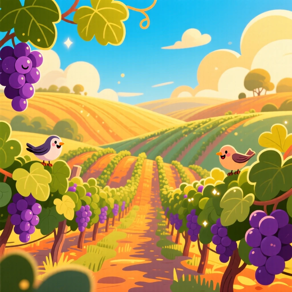 A rolling vineyard at golden hour with rows of grapevines.