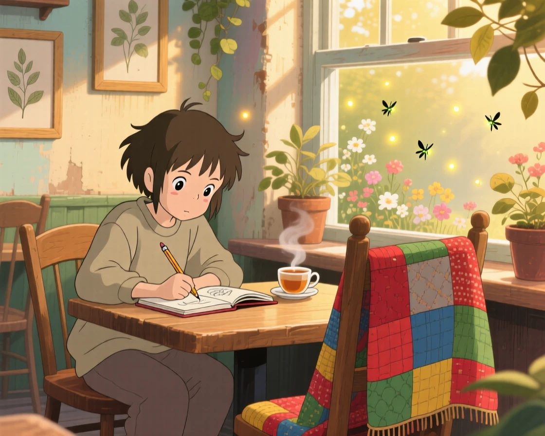 A person sketching in a notebook at a café table, a patchwork quilt draped over a nearby chair, the whole scene feeling full of homely charm.