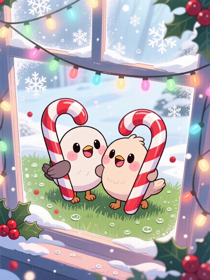 Bird's-eye view of a giggling candy cane pair, leaning together like best friends, in a sparkling holiday window display, as morning dew glistens on the grass, illuminated by diffused overcast light, radiating peaceful calm.