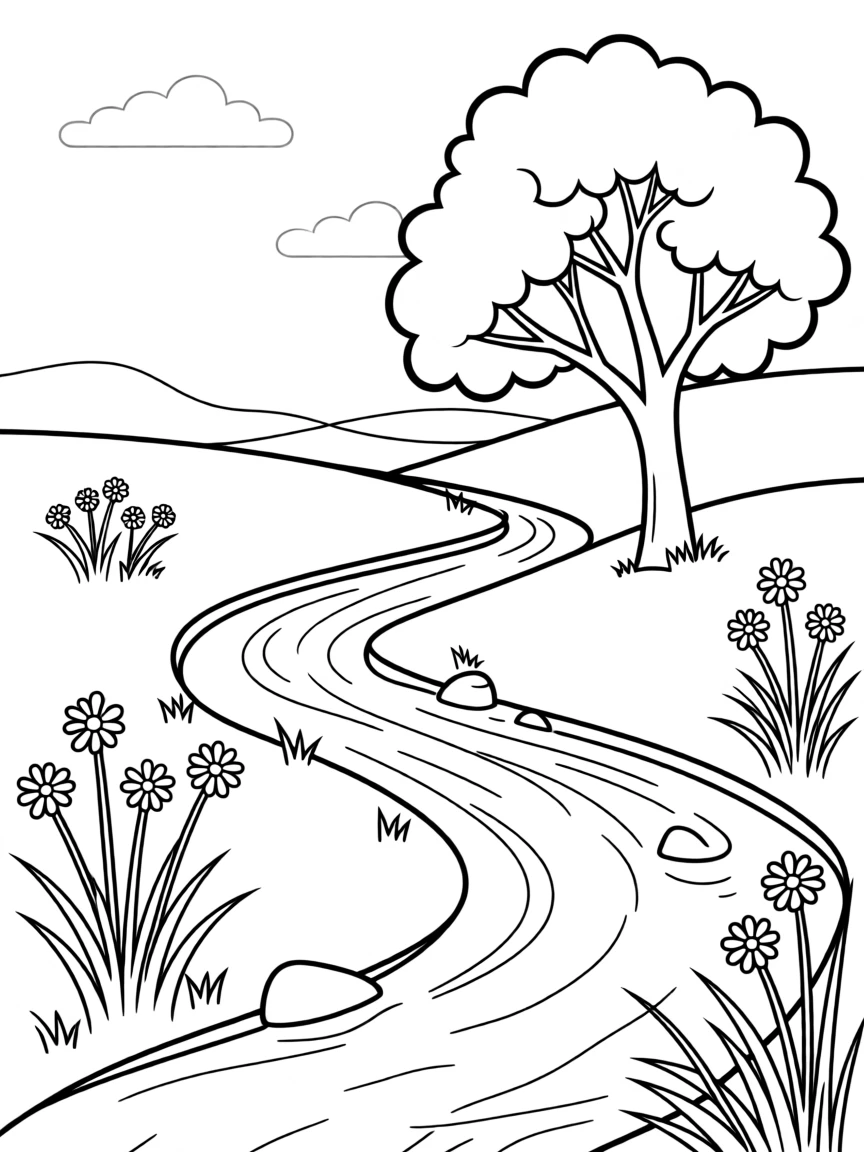 A babbling brook crossing through a peaceful meadow