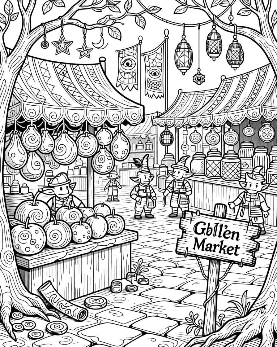 A goblin market with stalls of glowing fruit and strange wares.