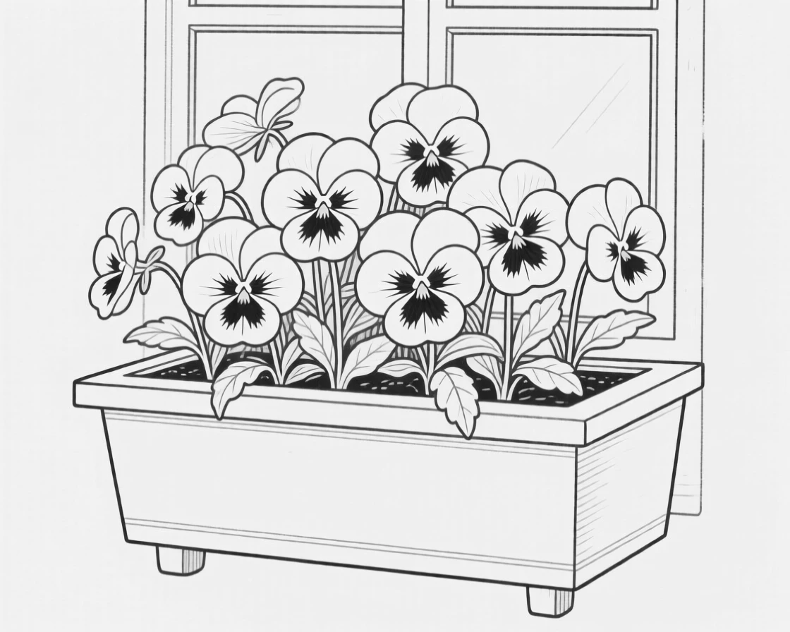 A cluster of pansies planted in a window box