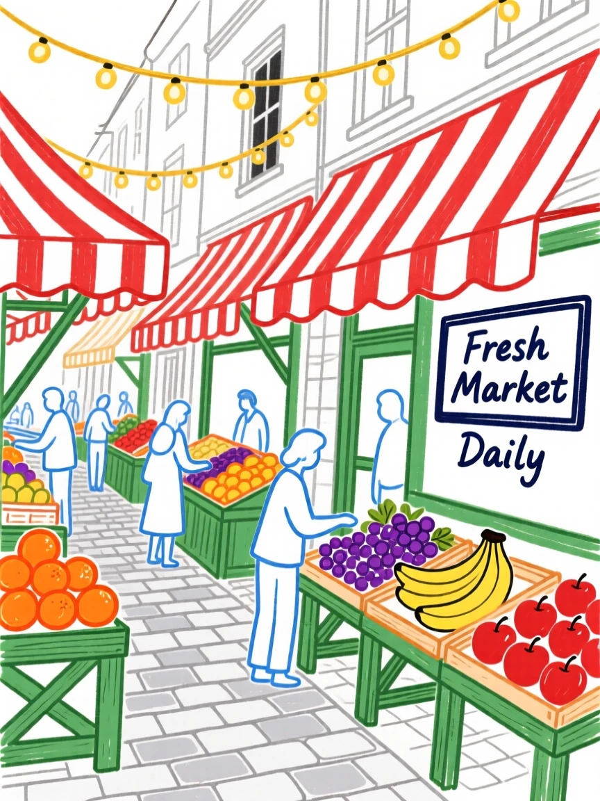 A market street with striped awnings and fruit stalls.