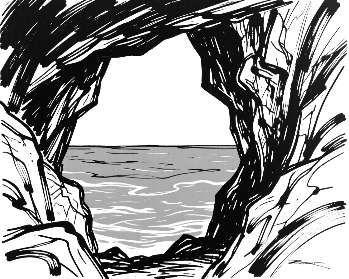 A dramatic cave opening looking out onto a turquoise ocean.
