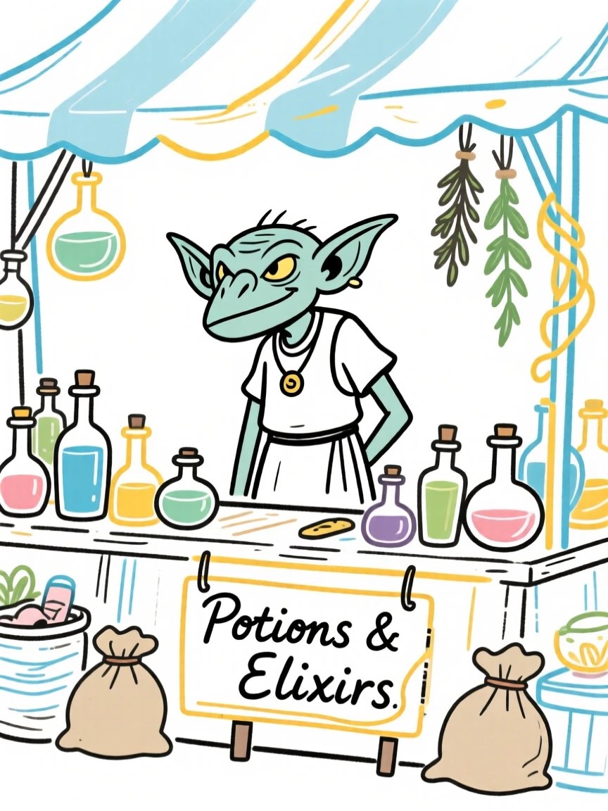 A goblin merchant selling potions from a cluttered market stall.
