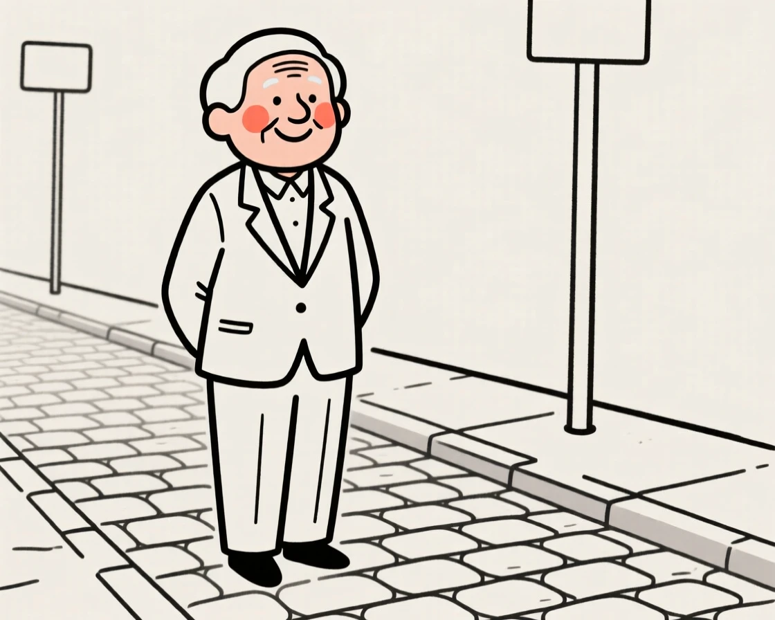 A retired teacher of Turkish heritage in a tailored business suit, grinning mischievously, on a quiet cobblestone street.