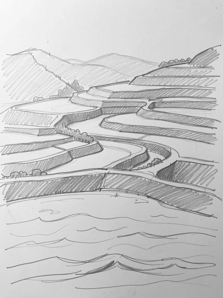 Sweeping landscape of a terraced rice paddy at dawn lit by streaks of golden afternoon sun, with gentle waves lapping at the shore.