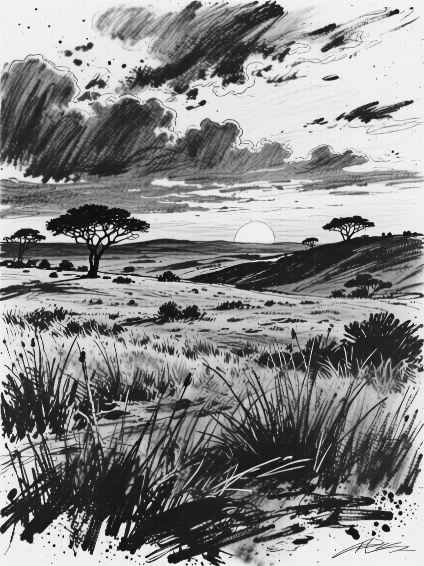 A sprawling savanna at sunset as clouds drift lazily overhead.