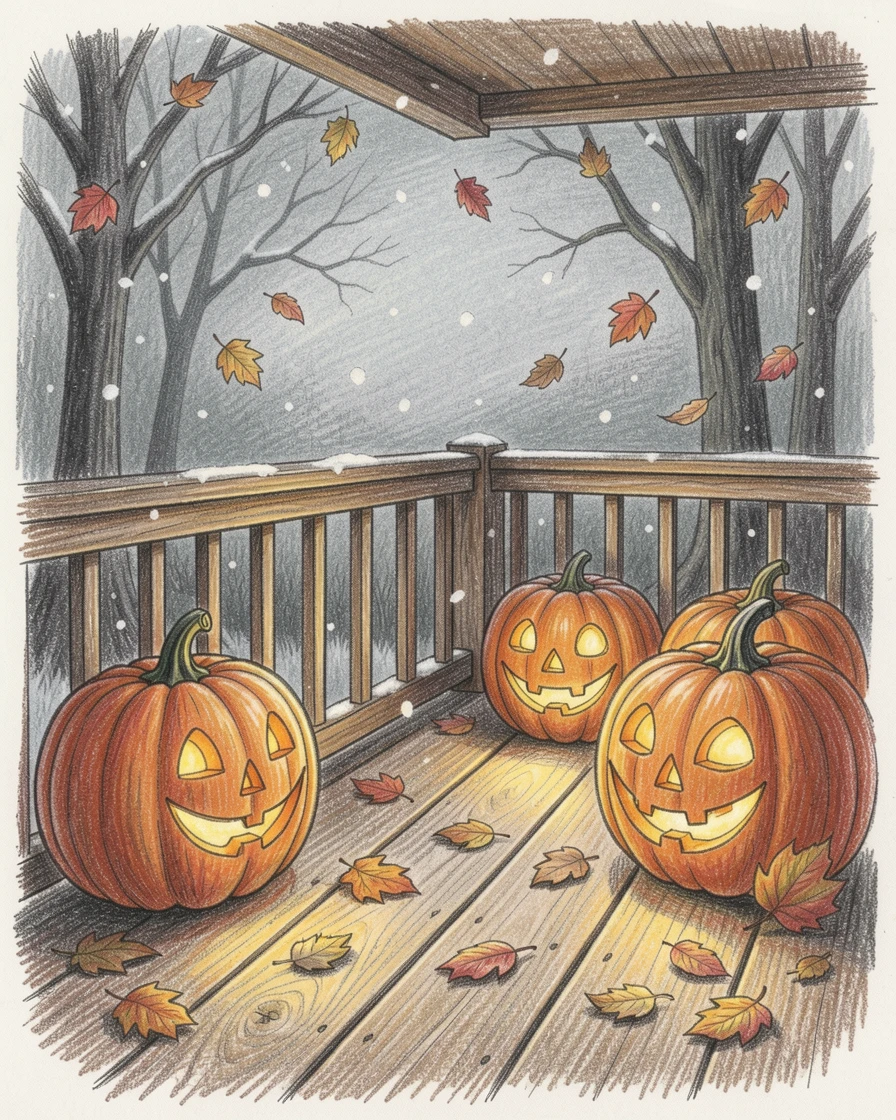A spooky but charming Halloween porch decorated with glowing jack-o-lanterns, with gentle snowfall or falling leaves drifting through the scene, radiating nostalgia, warmth, and holiday joy.