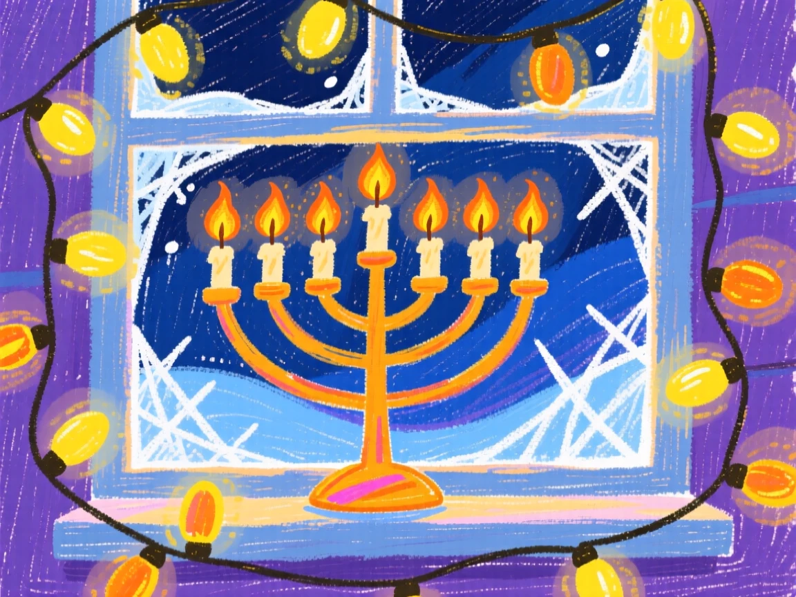A menorah in a frosted window lit by strings of warm twinkling lights.
