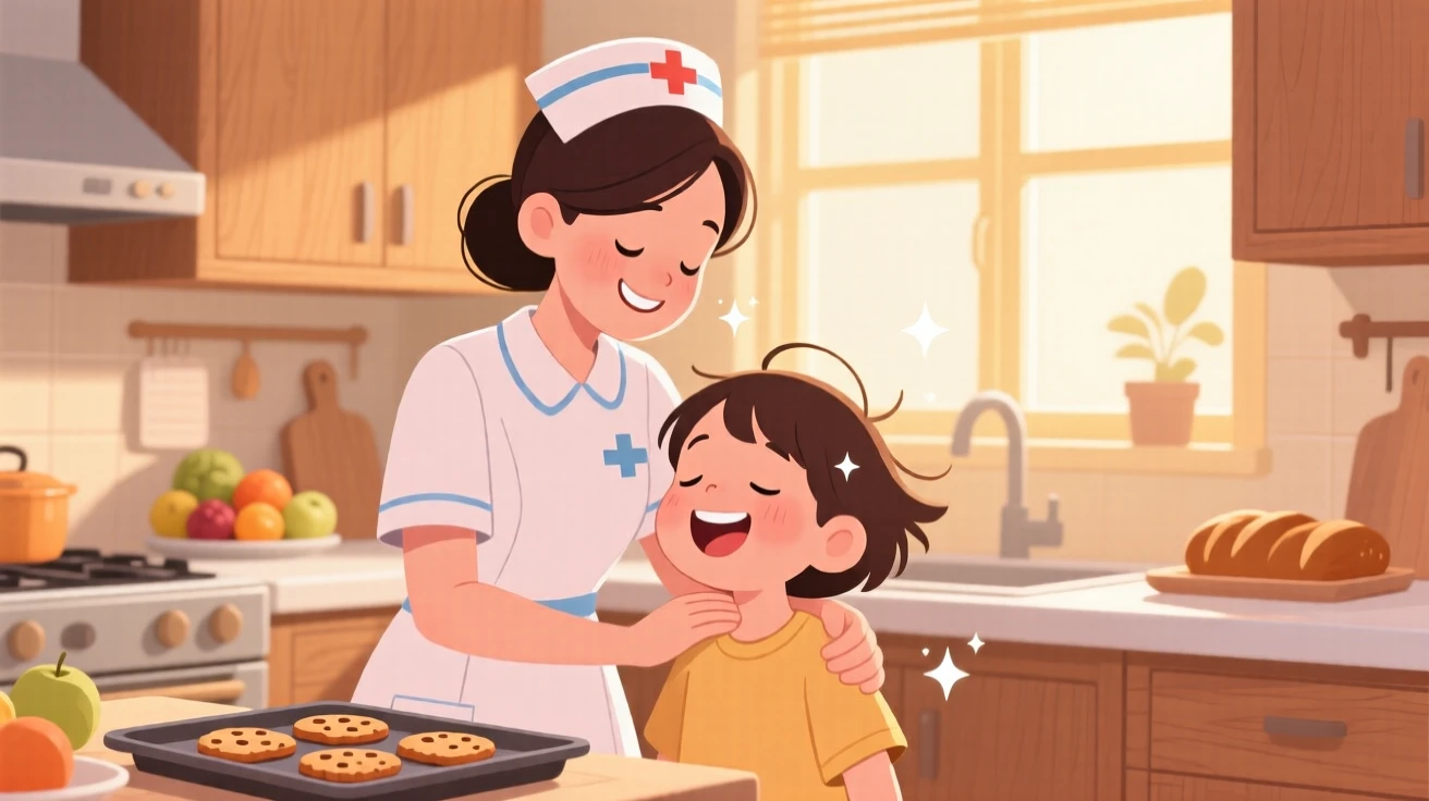 A nurse comforting a young patient with a gentle smile, in a warm, inviting kitchen filled with the smell of fresh food, framed with warm, natural lighting highlighting genuine emotion, with small joyful details like flying hair or bright laughter.