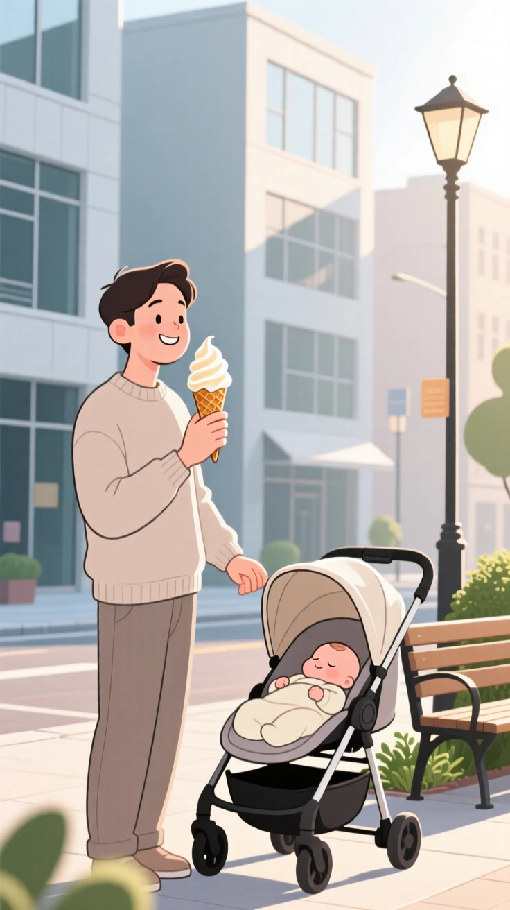 A new parent enjoying an ice cream cone on a quiet weekday morning in the city.