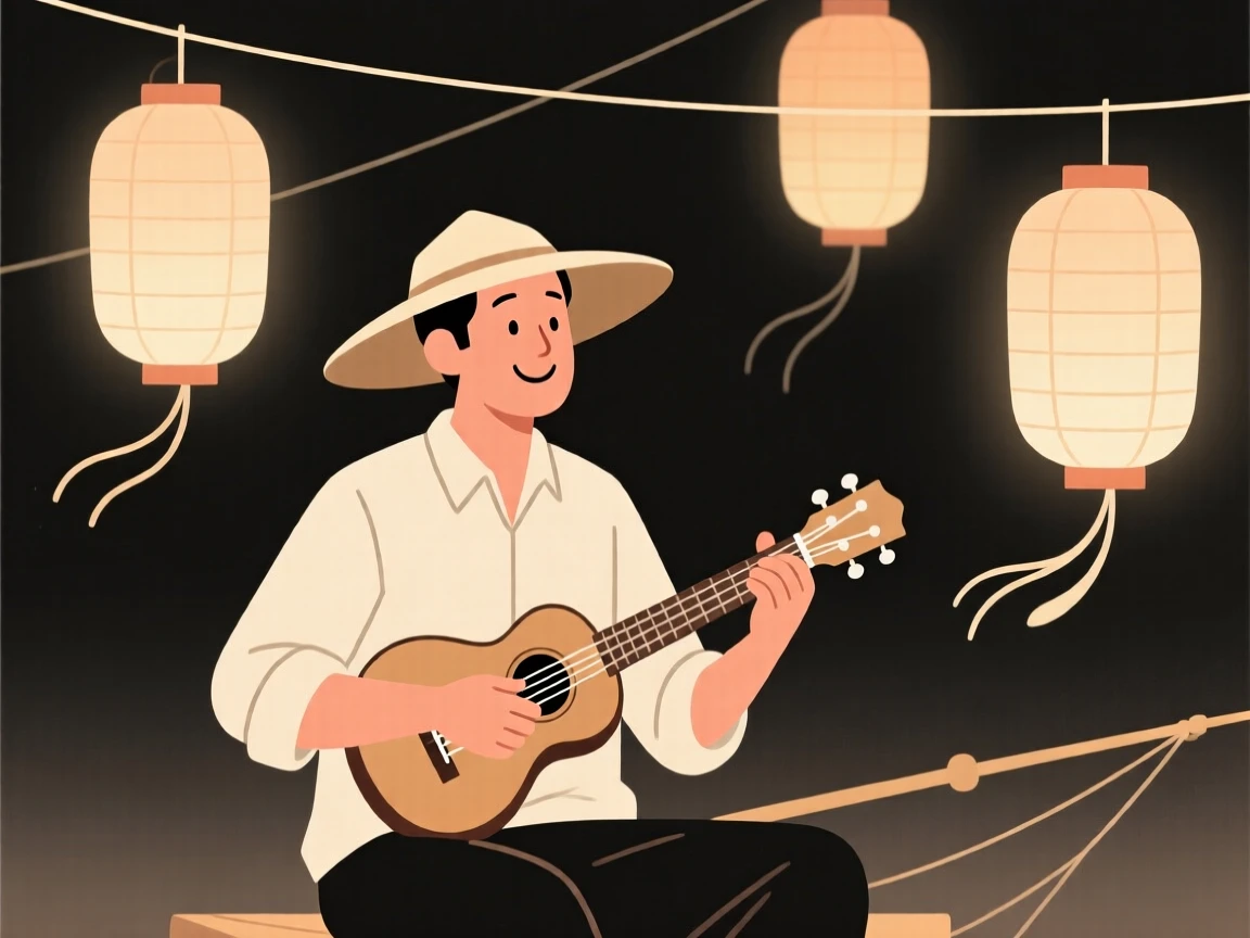 A portrait of a fisherman playing an instrument near fluttering paper lanterns, filled with gentle happiness.
