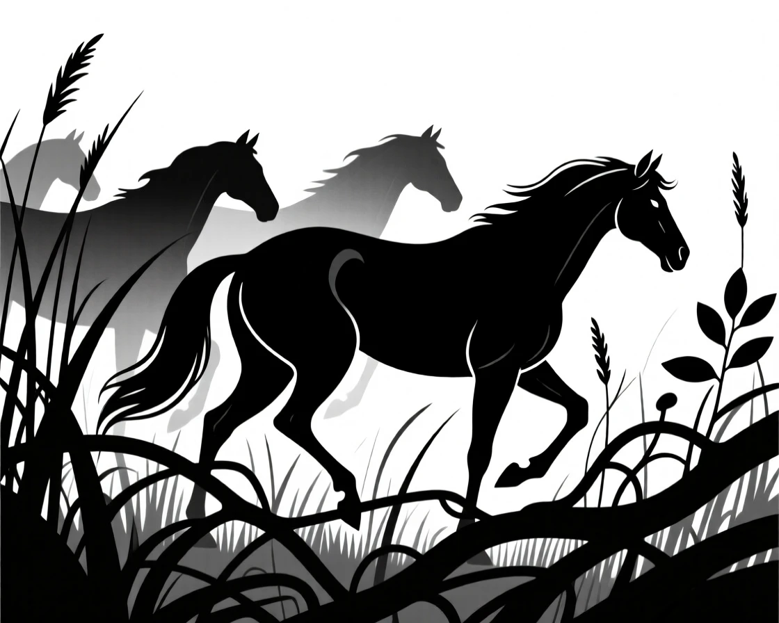 A herd of wild horses stalking silently through the undergrowth.