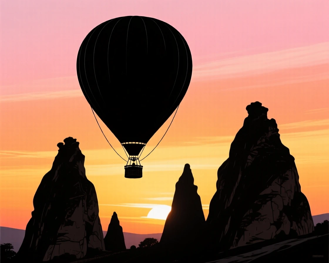 A hot air balloon rising above ancient rock formations at sunrise.