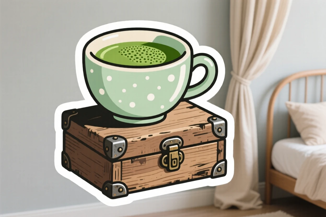 A charming cup of freshly brewed matcha, sitting atop an old wooden trunk, inside a softly decorated bedroom.