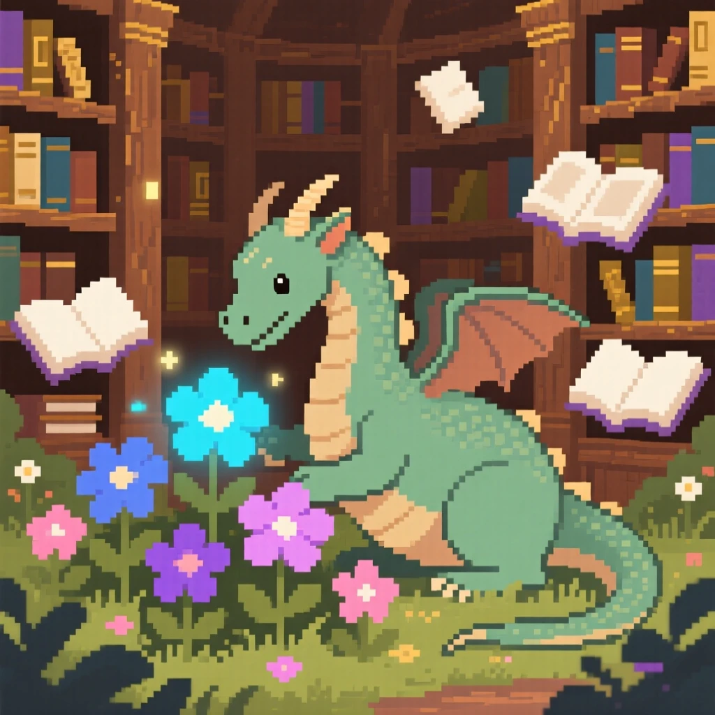 A gentle forest dragon tending a garden of enchanted flowers, in a library filled with floating books.