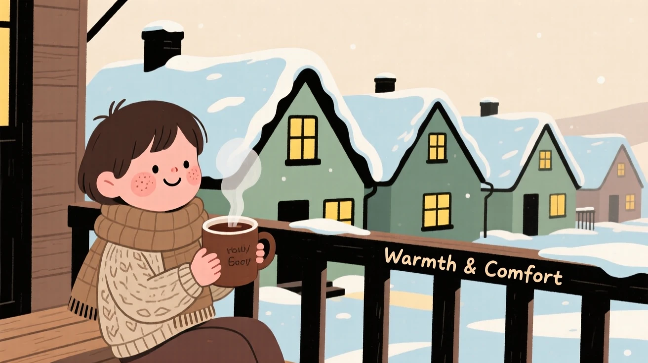 Snow blankets a row of cottage rooftops while a child watches from a snug porch, a mug of hot cocoa warming their hands.