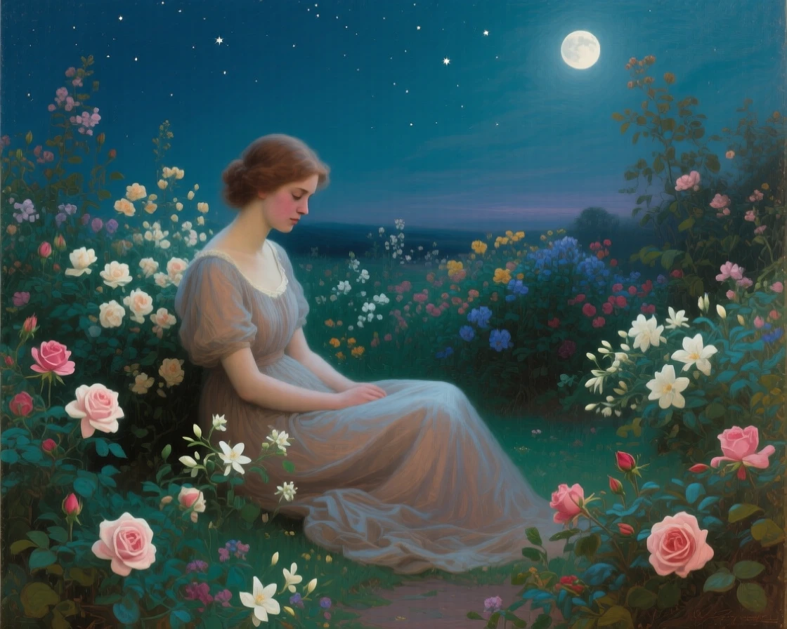 A centered composition of a young woman in a fragrant flower garden, filled with tender affection, under the night sky.