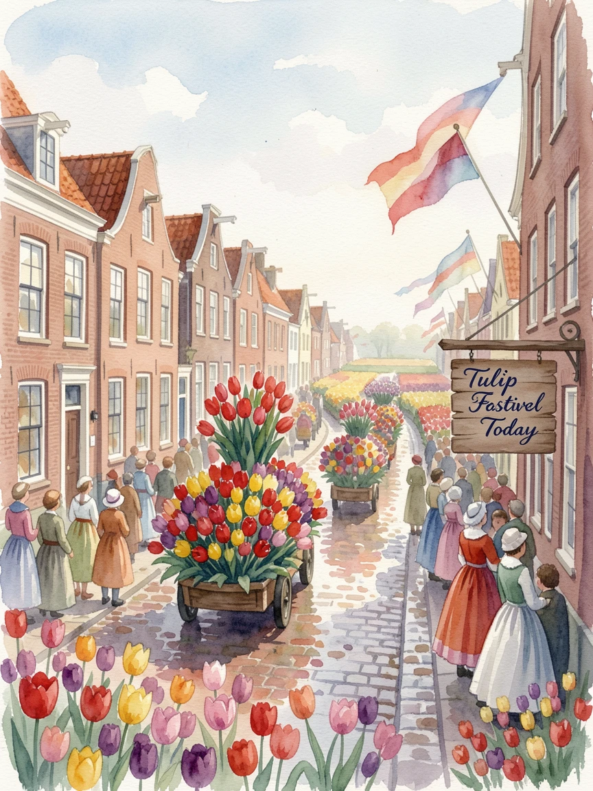 A traditional Dutch tulip festival parade.