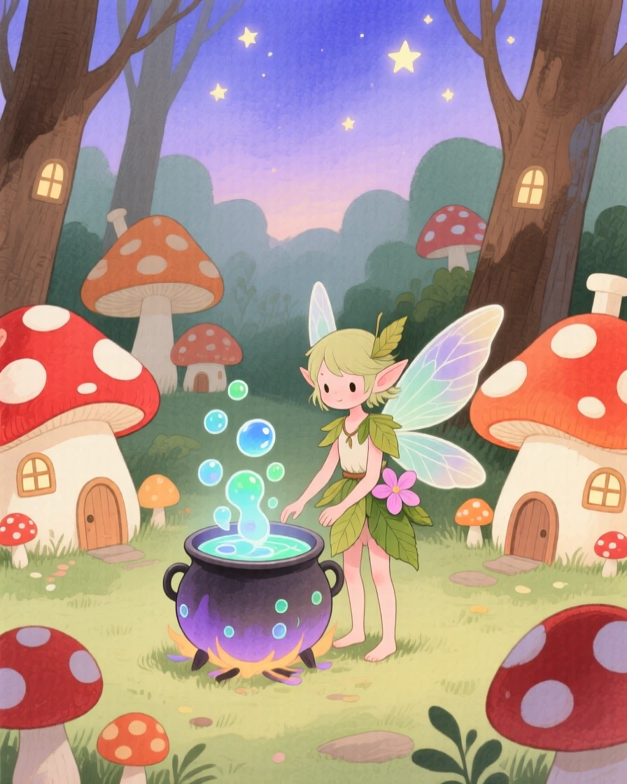 A tiny woodland sprite stirs a bubbling potion in a tiny cauldron in a village of tiny mushroom houses, with stars beginning to appear overhead