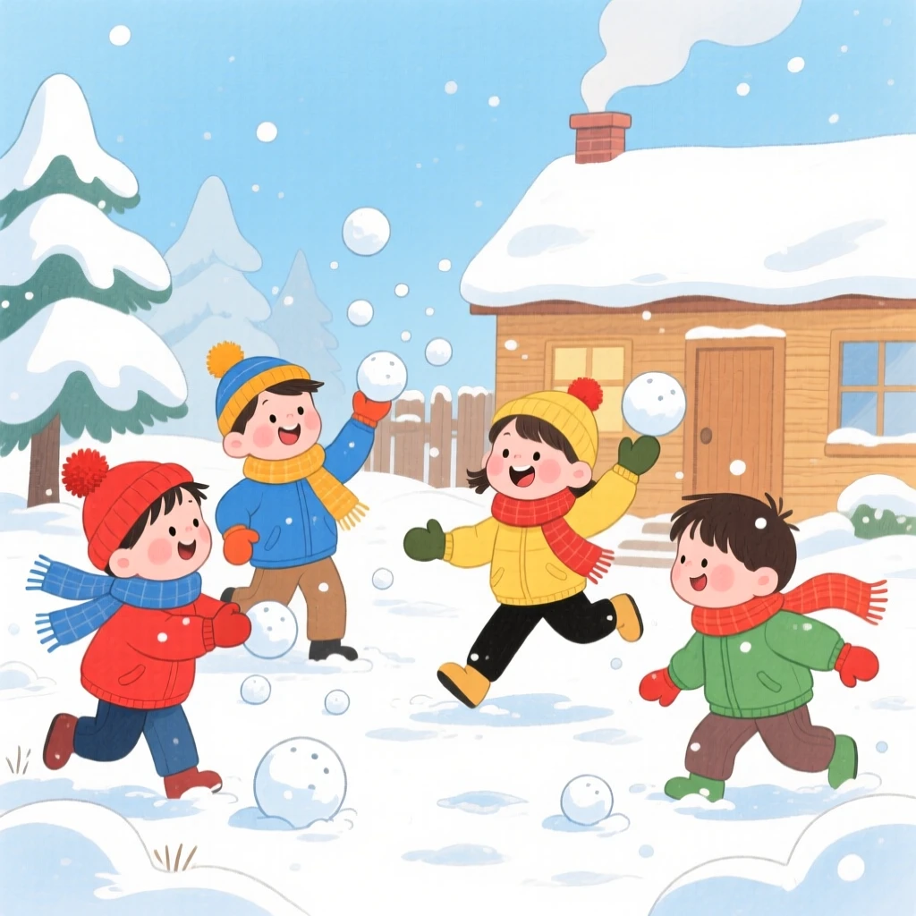 A joyful scene of friends having a snowball fight in a snowy yard.