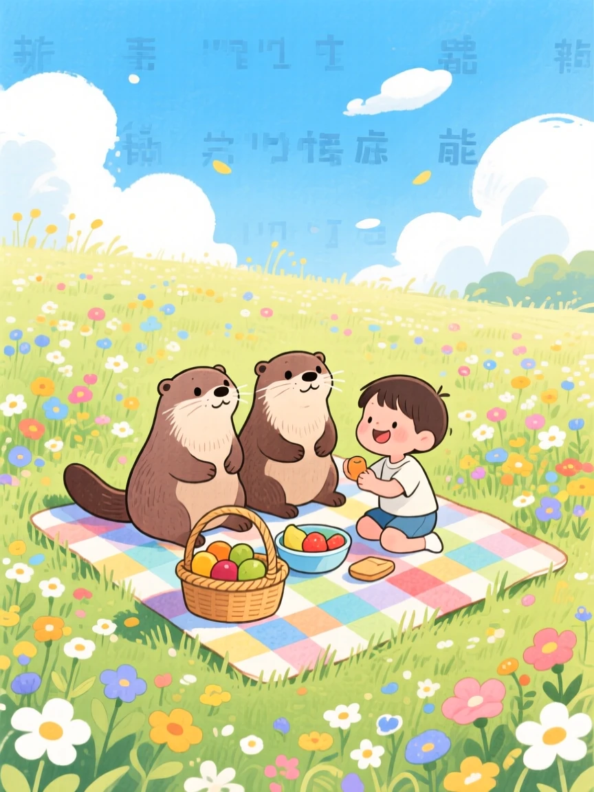 A pair of otters sharing a picnic blanket with a child, set in a meadow bursting with wildflowers under a blue sky, capturing a fleeting moment of quiet contentment.