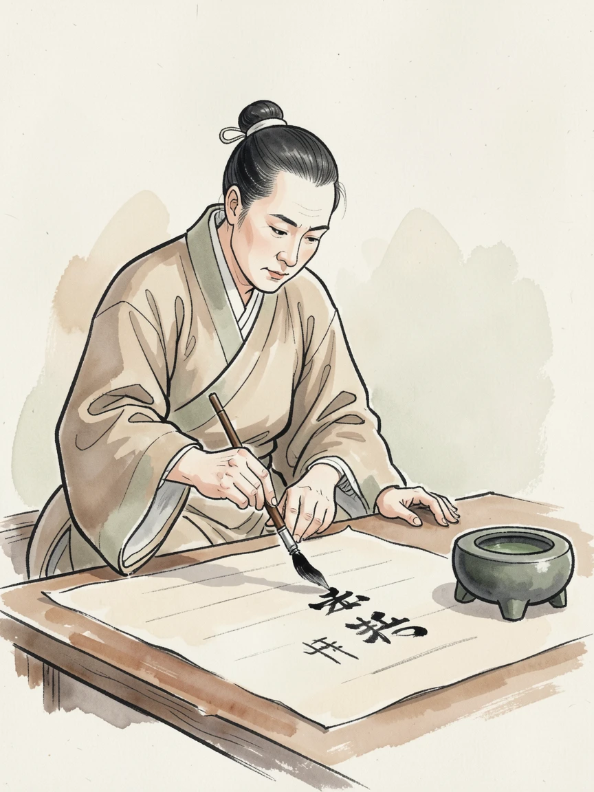 A calligrapher practicing brush strokes on rice paper beside a stone inkwell