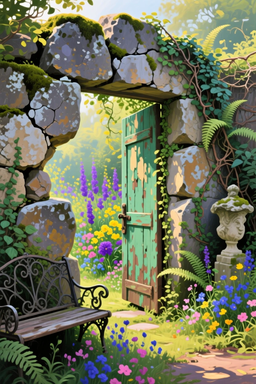 an overgrown secret garden behind an old stone wall, in soft morning light, from an inviting eye-level viewpoint.