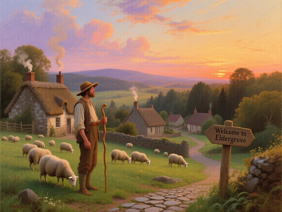 A shepherd and his flock stands beneath the warm light of a summer evening over a quiet village.