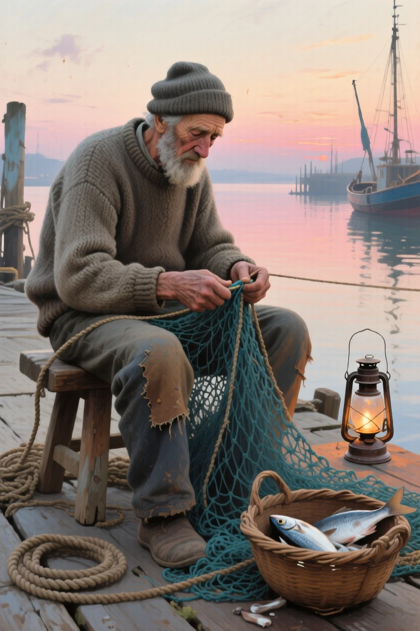 An elderly fisherman with a weathered face and kind eyes mending his nets at dawn, with genuine, unguarded emotion visible in the eyes, celebrating the quiet dignity found in everyday human life