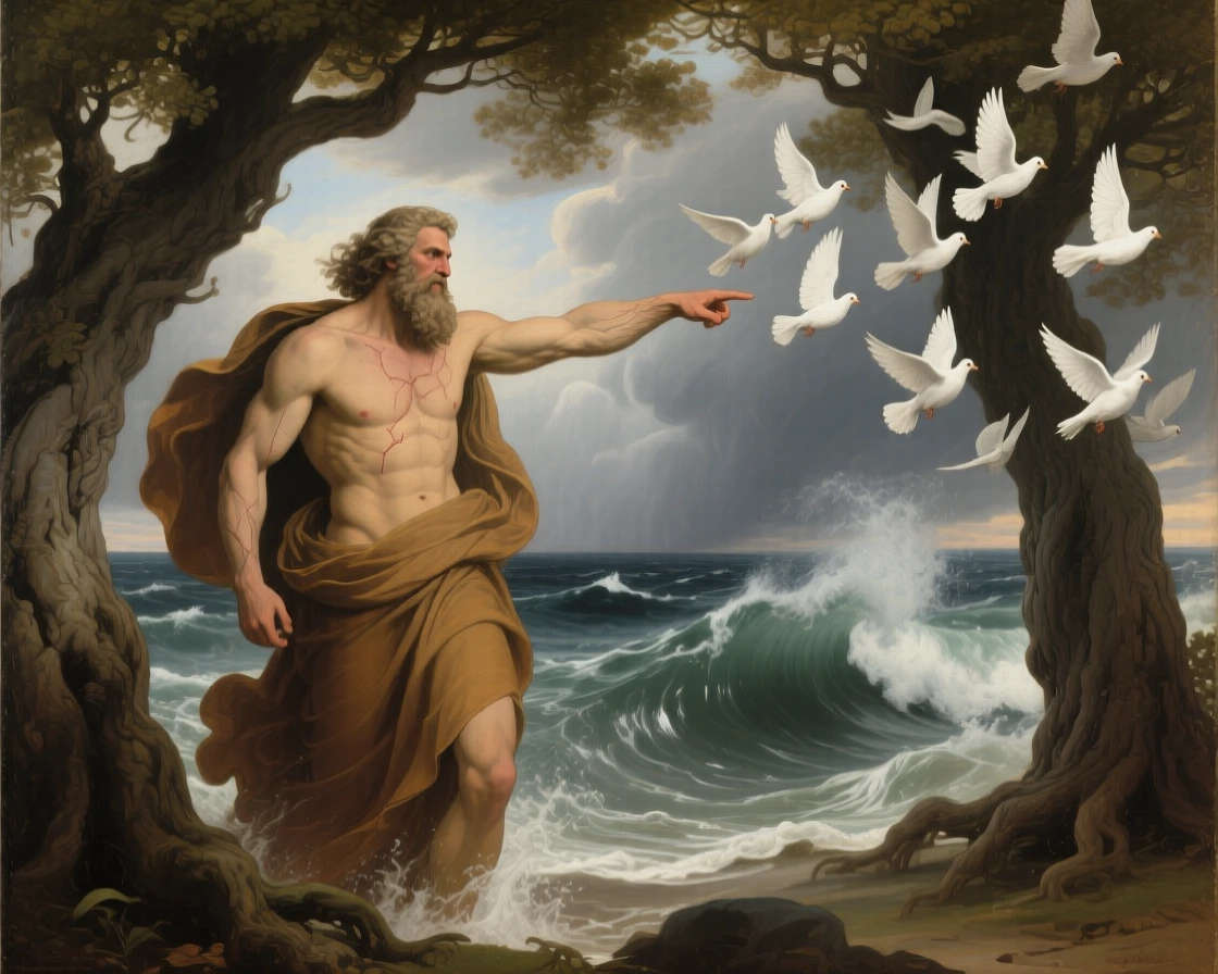 The sea god Poseidon summoning a storm to part the waves at the exact instant fate is sealed, set beneath a canopy of ancient oaks in a sacred grove, with a flock of startled doves scattering into the sky above; sweeping drapery and gesture guide the eye across the whole scene, capturing the timeless clash of glory and mortality.