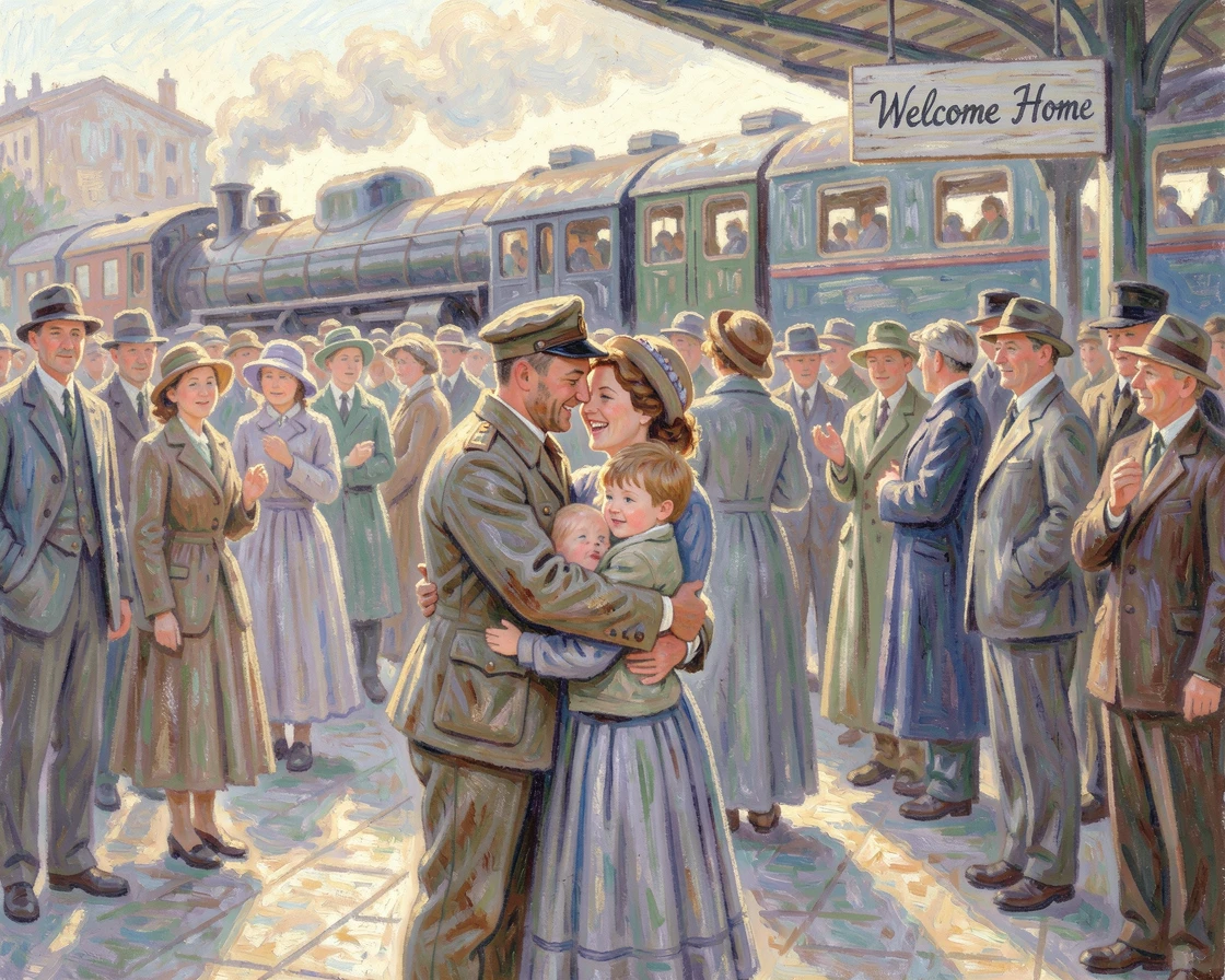 A wartime homecoming scene at a train station, a soldier embracing his family amid a crowd of onlookers.