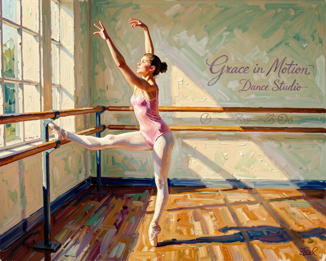 A young ballerina stretching at a barre, morning light falling across the studio floor.