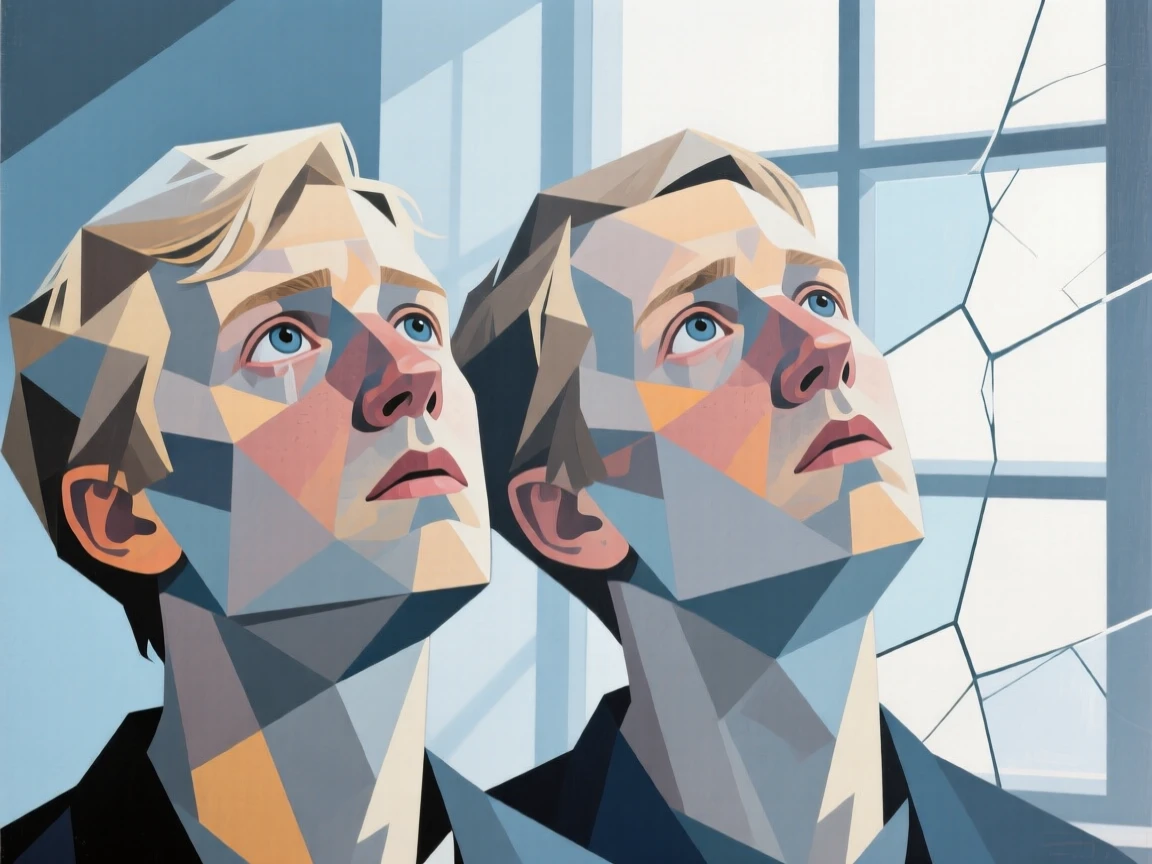 A close-up portrait of twin brothers of Scandinavian heritage, looking up in awe, in soft window light.