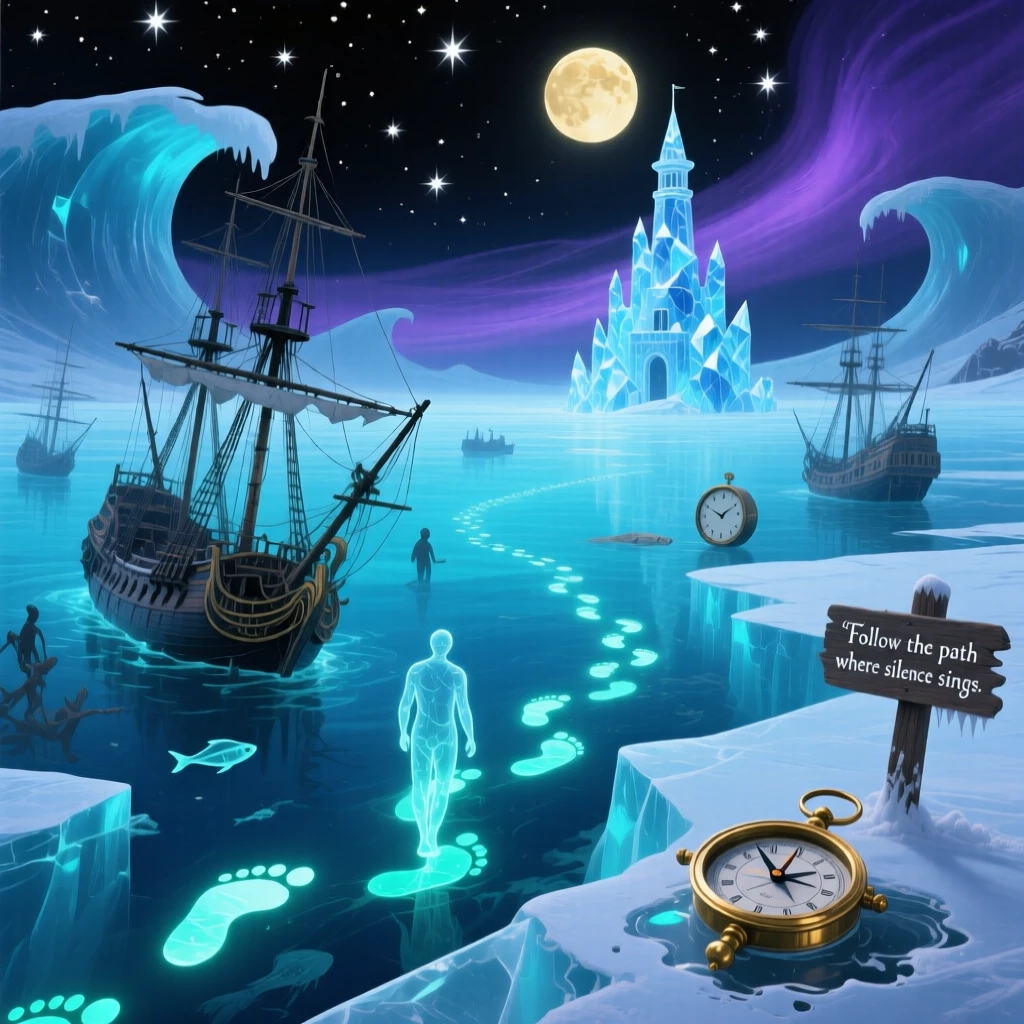 A frozen sea whose ice holds entire sunken ships suspended in place glows softly from within as night settles over it, while a trail of glowing footprints marks a path forward.