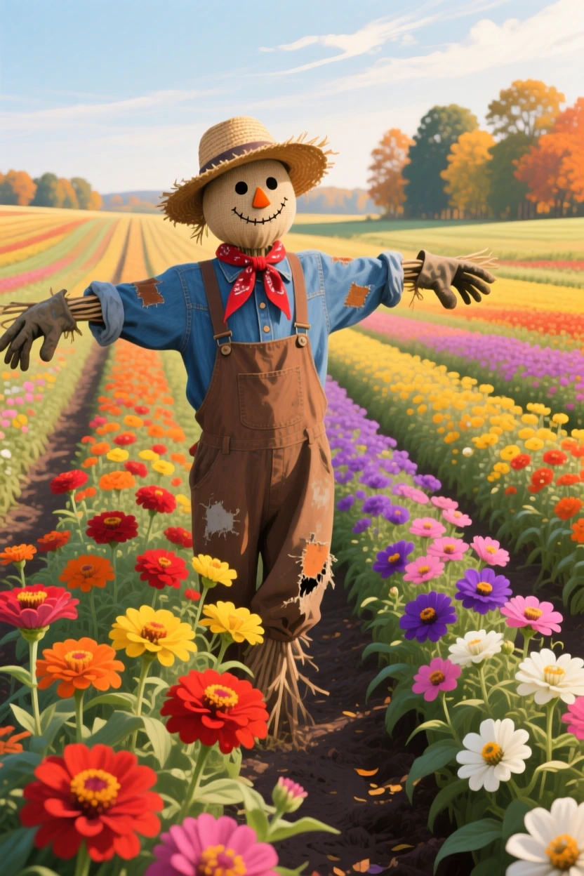 A vibrant field of zinnias in every color imaginable stretches across a farm in autumn, a scarecrow standing watch over the vivid rows, everything rendered with quiet clarity under the steady, natural light of the hour.