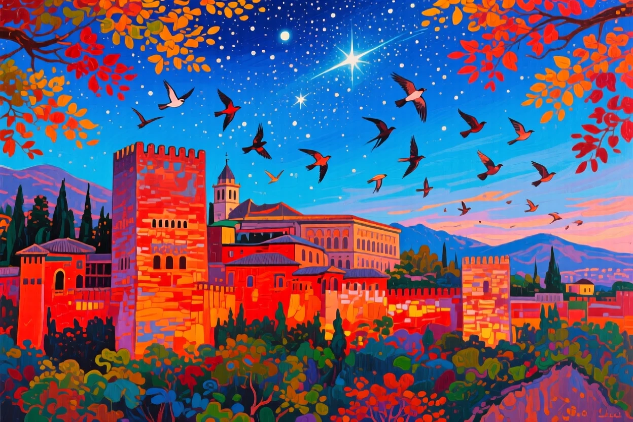 The Alhambra's red walls glowing beneath a starlit sky, beneath a sky full of migrating birds, vivid autumn color framing the scene
